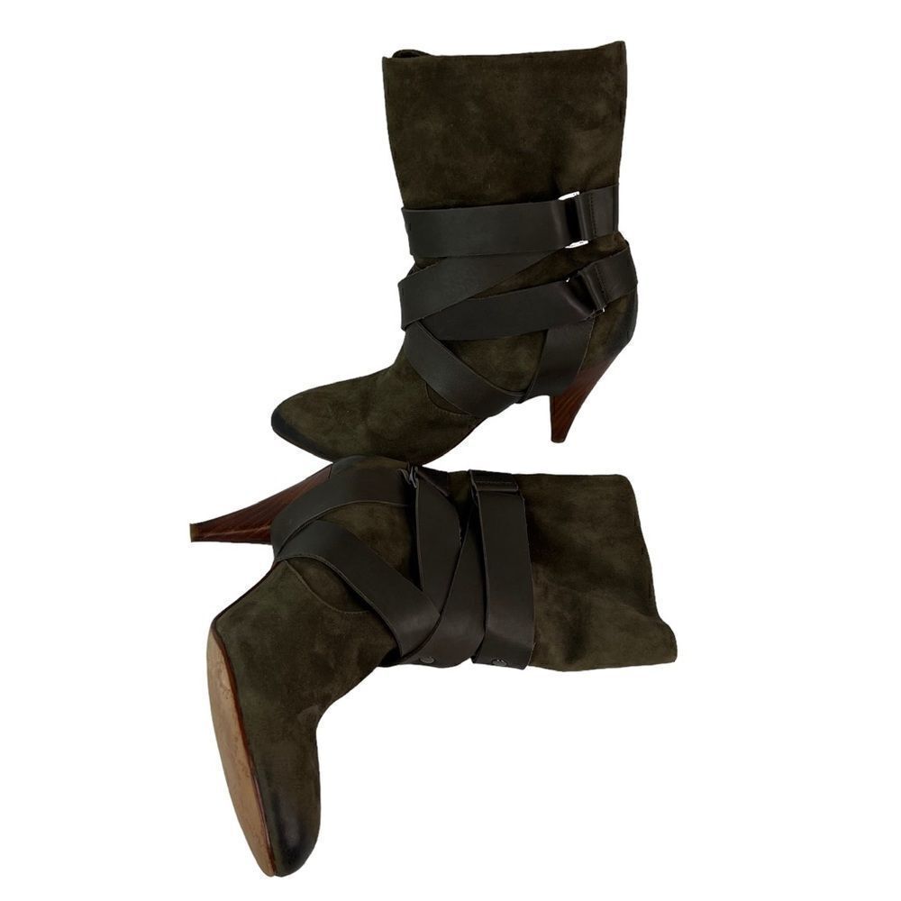 Mea Shadow Cassandra Suede Leather Harness Strap Kitten Heel Green Bootie Sz 8M